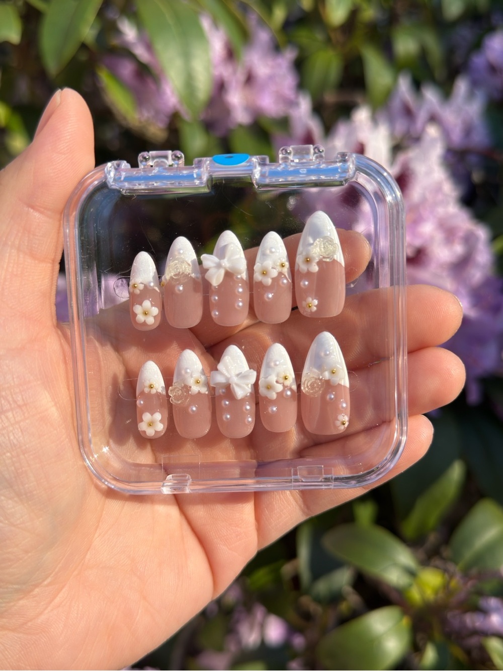 Size Small Elegant White Floral Press-On Nails Nude Base with White Tips Bridal